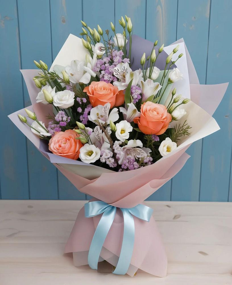 Букет цветов из: Лизиантусы, Розы, Альстромерии и Гипсофила в Нязепетровске