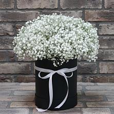 Цветочная композиция из Гипсофила в шляпной коробке в Нязепетровске